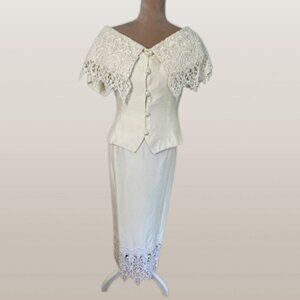 Jessica McClintock Vintage 90’s Ivory Lace Pearl Skirt Suit Bridal Shower Medium